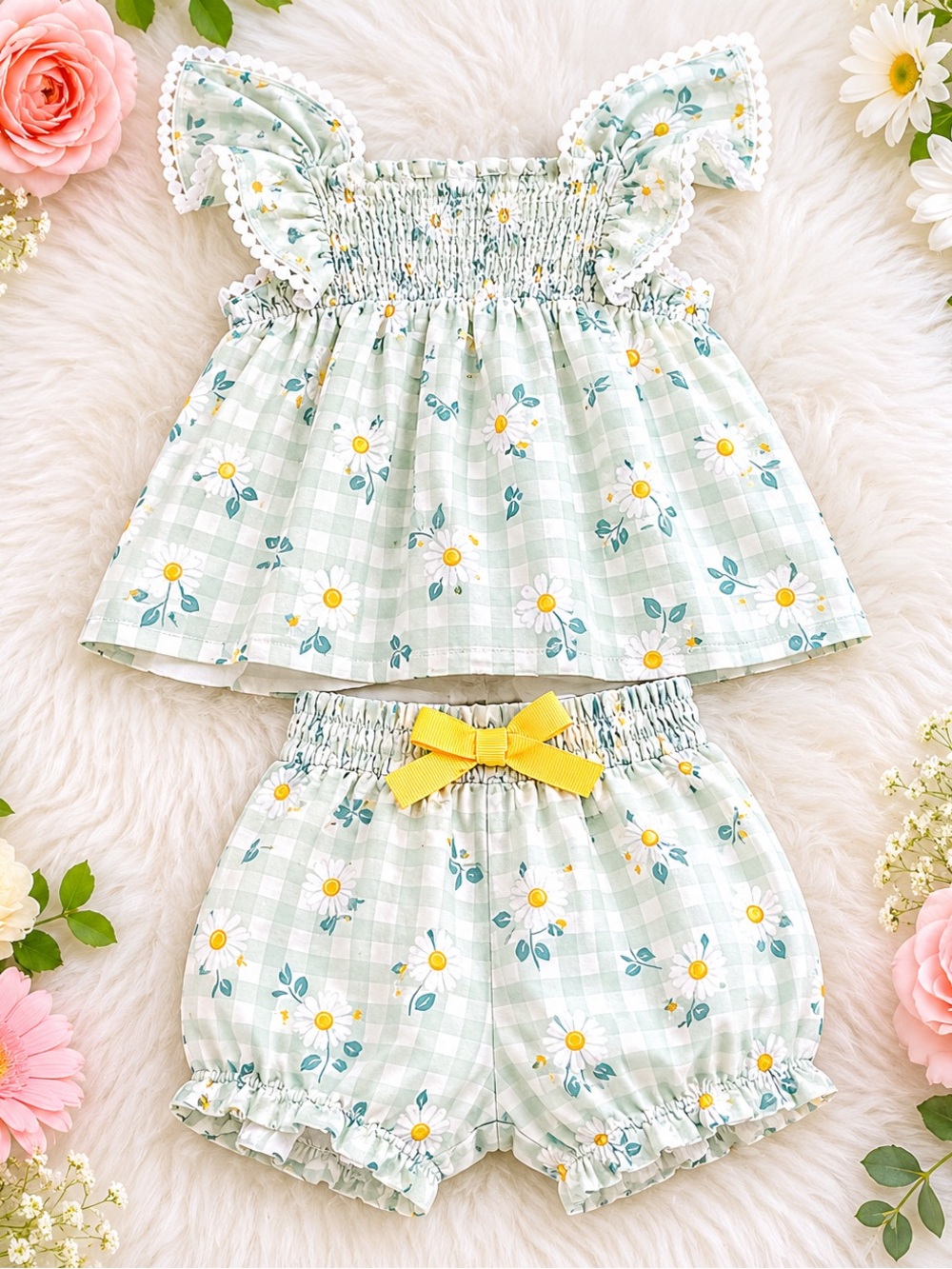 Max Studio Mint Green Floral Gingham Girls Matching Set